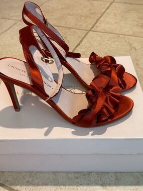 Chinese Laundry Rust Jainey Satin Ruffle Ankle-Strap Heels